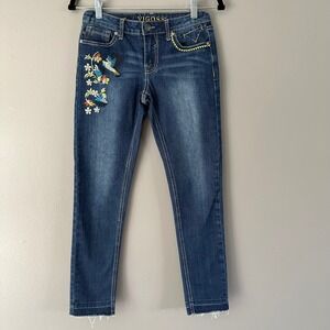 VIGOSS GIRL'S THE JAGGER ANKLE SKINNY DARK WASH BIRD+FLORAL EMBROIDERED JEAN 14Y